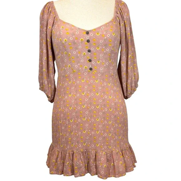 Floral Mini Dress Medium Dusty Rose Puff Sleeves Smocked Back Ruffle Hem Boho - Picture 1 of 11